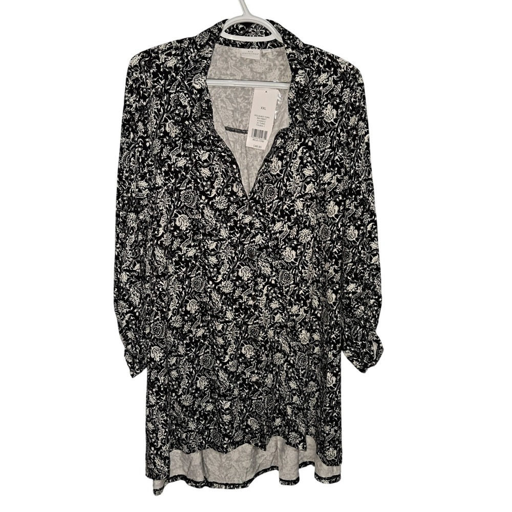 New Directions Floral Print Tunic Dress Long Sleeve Casual‎ Black XXL